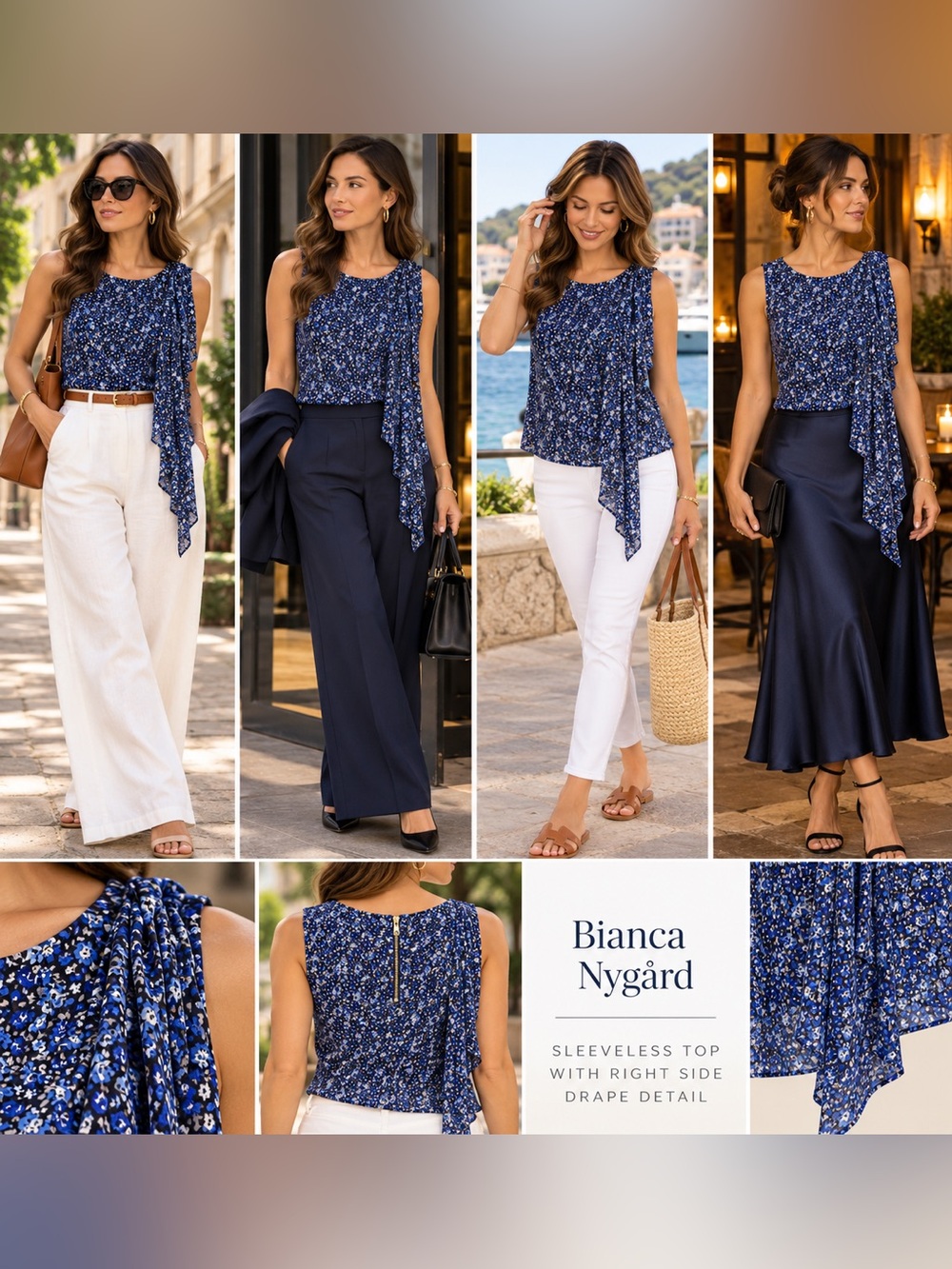 Bianca Nygård Blue Floral Sleeveless Tunic with Right-Side Drape